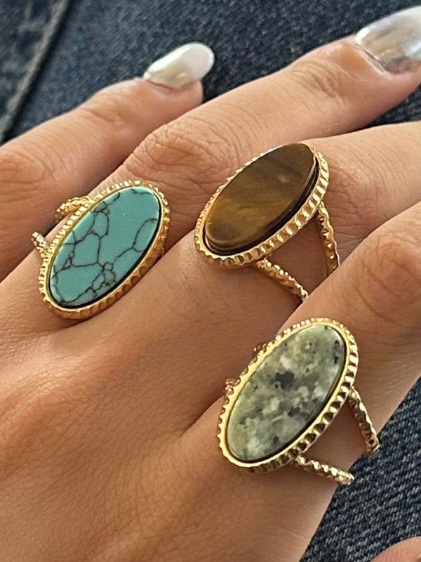 Oval Blue Turquoise Tiger's Eye Adjustable Open Ring (Single Set)-[Adult]-[Female]-Green-F-2022 Online Blue Zone Planet
