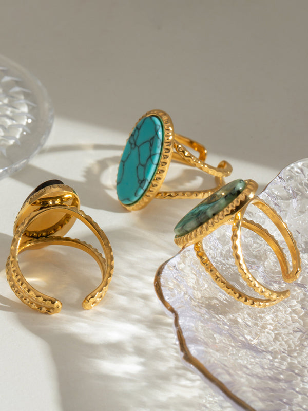 Oval Blue Turquoise Tiger's Eye Adjustable Open Ring (Single Set)-[Adult]-[Female]-2022 Online Blue Zone Planet