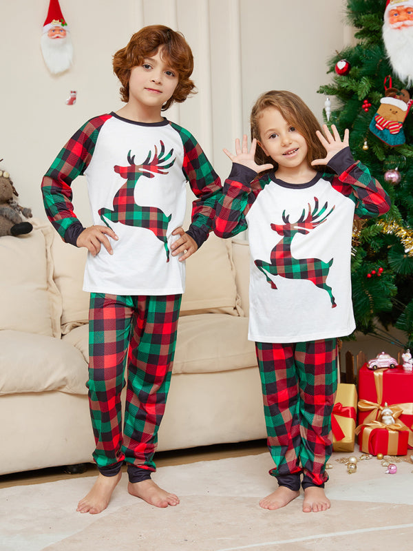 Blue Zone Planet | Christmas parent-child cartoon elk plaid print Christmas pajamas set-TOPS / DRESSES-[Adult]-[Female]-2022 Online Blue Zone Planet