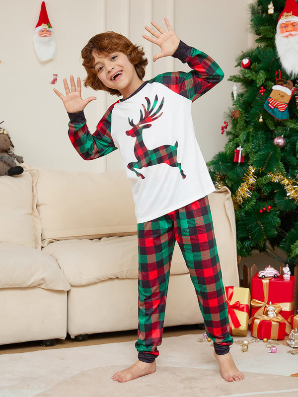 Blue Zone Planet | Christmas parent-child cartoon elk plaid print Christmas pajamas set-TOPS / DRESSES-[Adult]-[Female]-2022 Online Blue Zone Planet