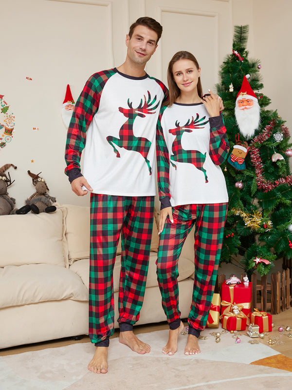 Blue Zone Planet | Christmas parent-child cartoon elk plaid print Christmas pajamas set-TOPS / DRESSES-[Adult]-[Female]-2022 Online Blue Zone Planet