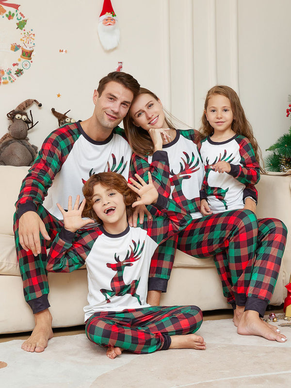 Blue Zone Planet | Christmas parent-child cartoon elk plaid print Christmas pajamas set-TOPS / DRESSES-[Adult]-[Female]-Green-S-2022 Online Blue Zone Planet