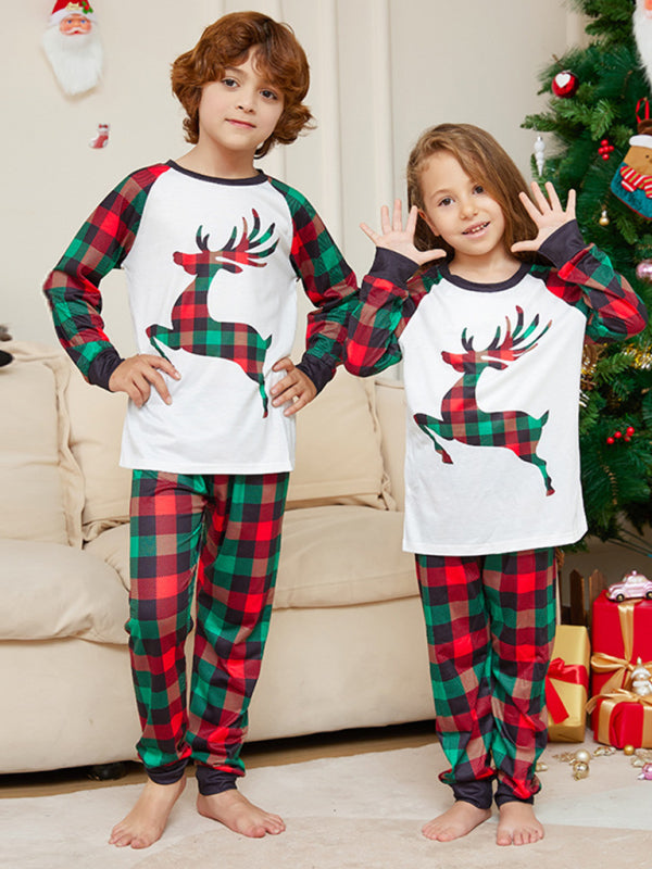 Blue Zone Planet | Christmas parent-child cartoon elk plaid print Christmas pajamas set-TOPS / DRESSES-[Adult]-[Female]-2022 Online Blue Zone Planet