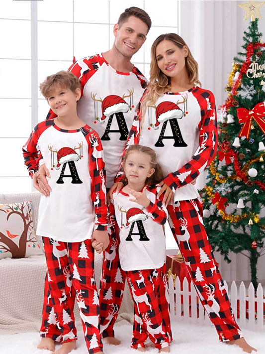 Christmas Parent-Child Pajama Set Santa Hat Alphabet Printed Loungewear (A-Z letters are optional)-[Adult]-[Female]-Red-S-2022 Online Blue Zone Planet