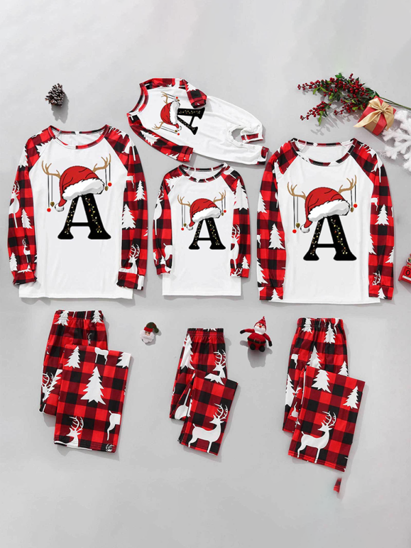 Christmas Parent-Child Pajama Set Santa Hat Alphabet Printed Loungewear (A-Z letters are optional)-[Adult]-[Female]-2022 Online Blue Zone Planet