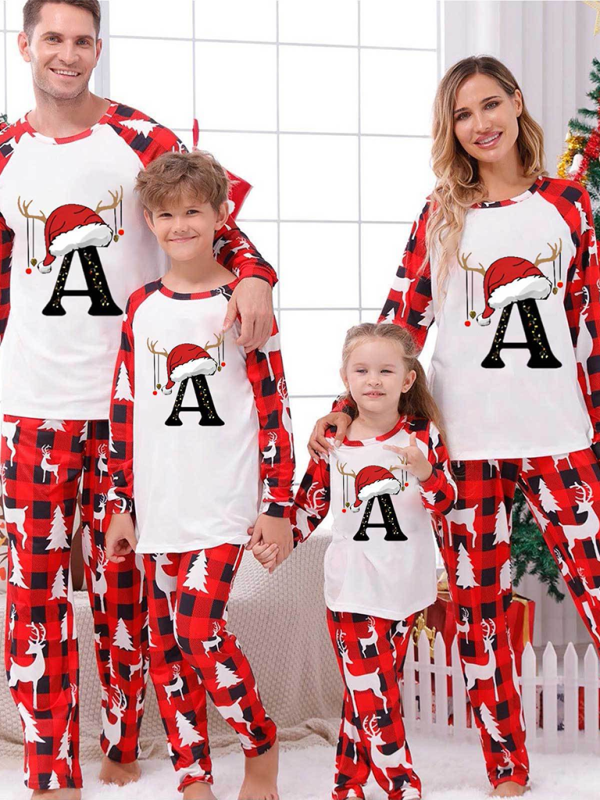 Christmas Parent-Child Pajama Set Santa Hat Alphabet Printed Loungewear (A-Z letters are optional)-[Adult]-[Female]-2022 Online Blue Zone Planet