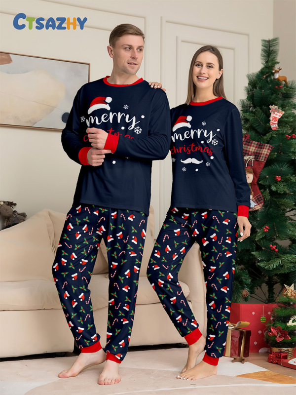 Christmas loungewear parent-child suit Christmas hat printing holiday party dress (mom and dad)-TOPS / DRESSES-[Adult]-[Female]-Champlain color-S-2022 Online Blue Zone Planet