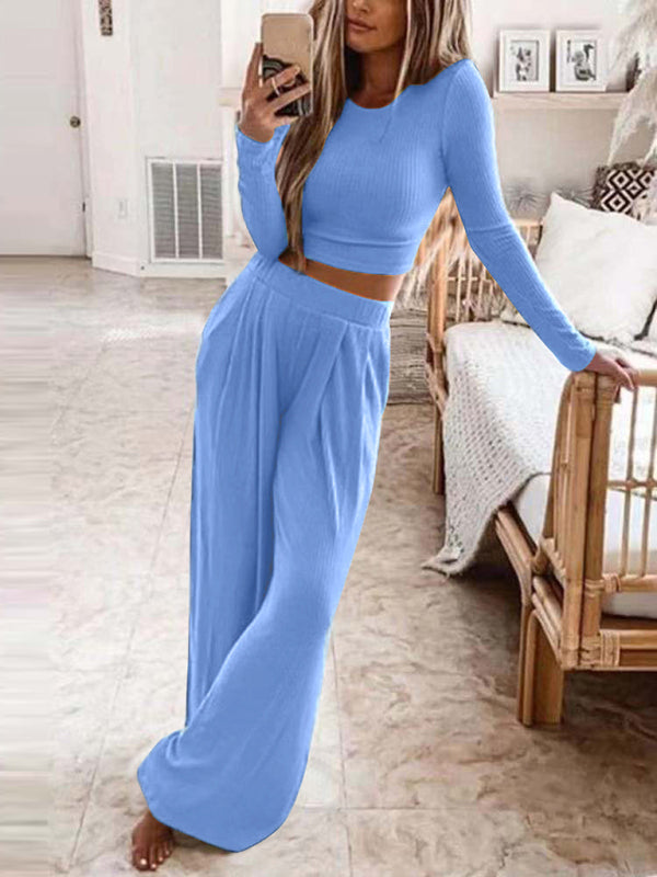 Solid Color Knitted Home Two-Piece Suit BLUE ZONE PLANET