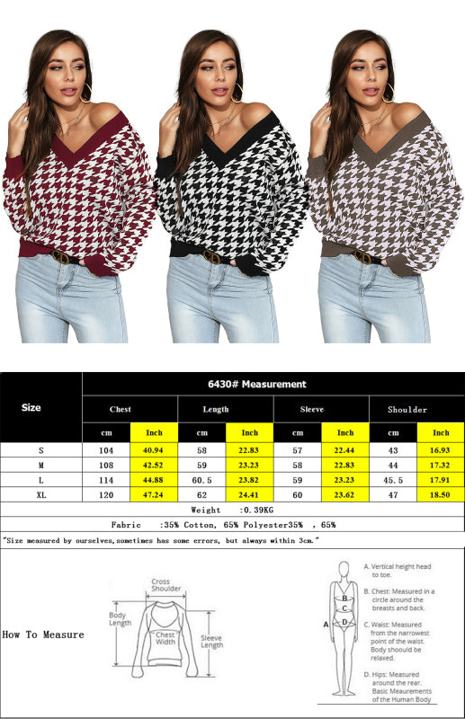 Women's Fashion Trend Houndstooth Sweater-[Adult]-[Female]-2022 Online Blue Zone Planet