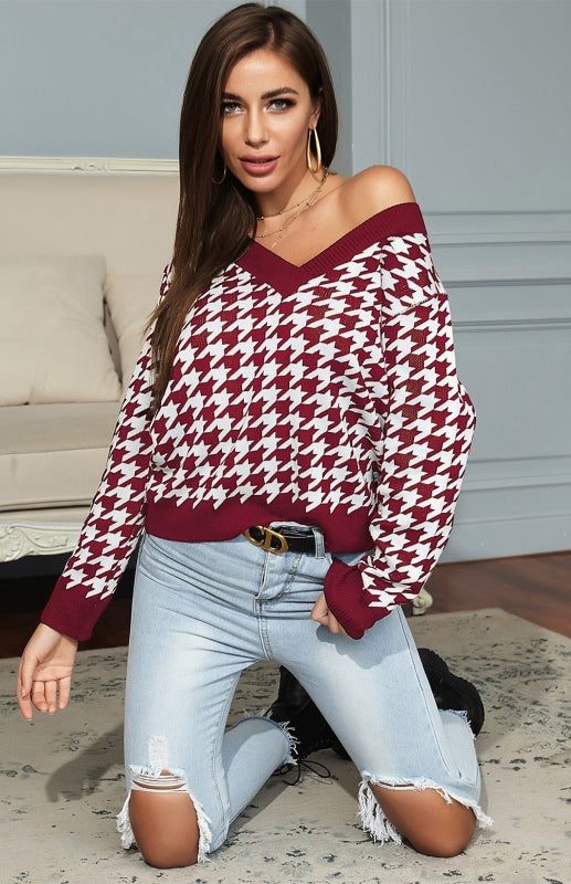 Women's Fashion Trend Houndstooth Sweater-[Adult]-[Female]-2022 Online Blue Zone Planet