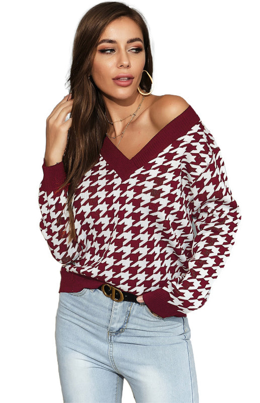 Women's Fashion Trend Houndstooth Sweater-[Adult]-[Female]-Wine Red-S-2022 Online Blue Zone Planet