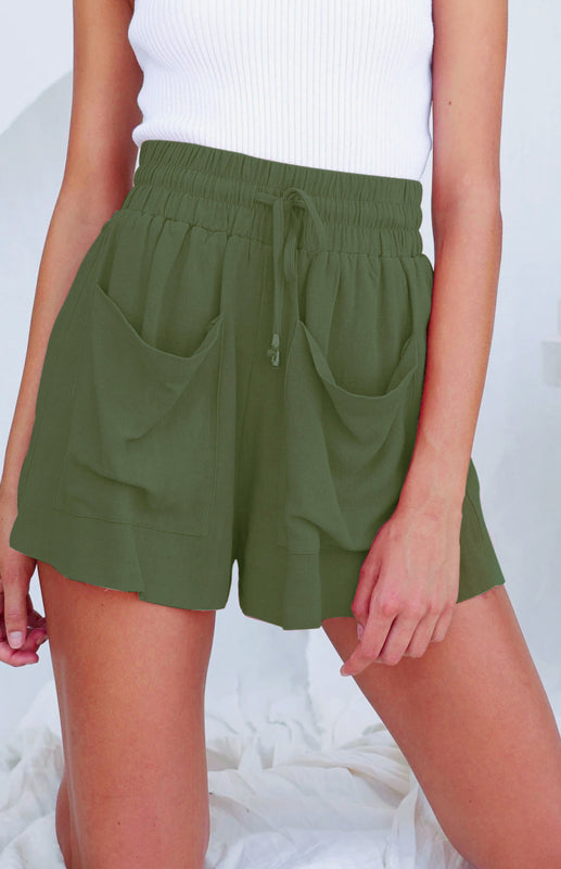 Ladies Cotton Linen High Waist Loose Wide Leg Shorts-[Adult]-[Female]-Olive green-S-2022 Online Blue Zone Planet