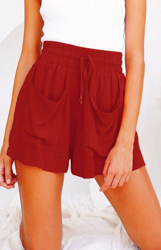 Ladies Cotton Linen High Waist Loose Wide Leg Shorts-[Adult]-[Female]-Brick red-S-2022 Online Blue Zone Planet