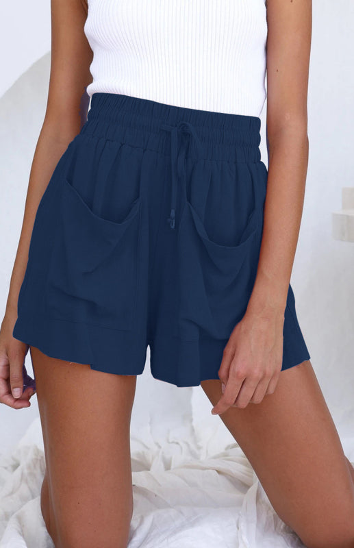 Ladies Cotton Linen High Waist Loose Wide Leg Shorts-[Adult]-[Female]-Blue-S-2022 Online Blue Zone Planet