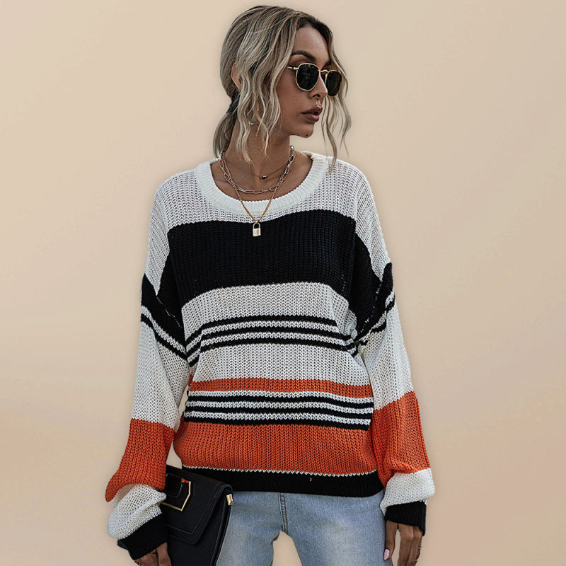 Women's Fashion Trend Striped Sweater-[Adult]-[Female]-Orange-S-2022 Online Blue Zone Planet