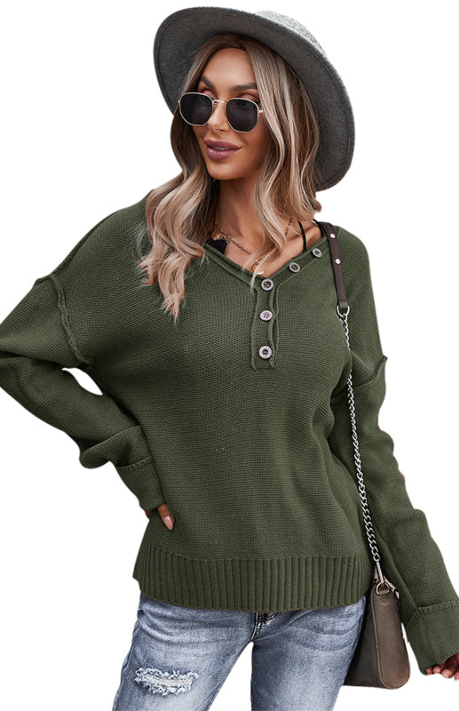 Women's Solid Color V Neck Single Breasted Sweater-[Adult]-[Female]-Olive green-S-2022 Online Blue Zone Planet