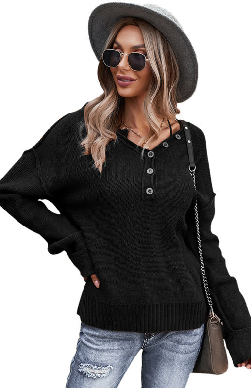 Women's Solid Color V Neck Single Breasted Sweater-[Adult]-[Female]-Black-S-2022 Online Blue Zone Planet