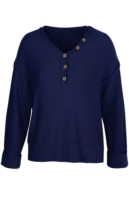 Women's Solid Color V Neck Single Breasted Sweater-[Adult]-[Female]-2022 Online Blue Zone Planet