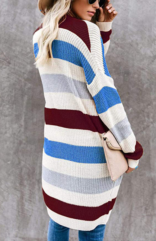 Ladies Fashion Striped Contrast Knit Cardigan BLUE ZONE PLANET