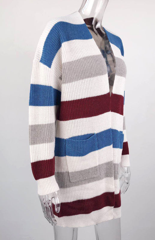 Ladies Fashion Striped Contrast Knit Cardigan BLUE ZONE PLANET