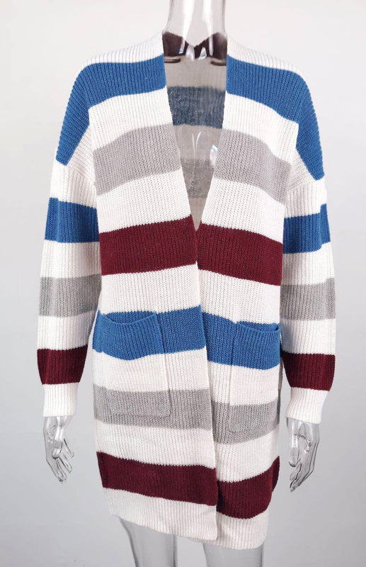 Ladies Fashion Striped Contrast Knit Cardigan BLUE ZONE PLANET