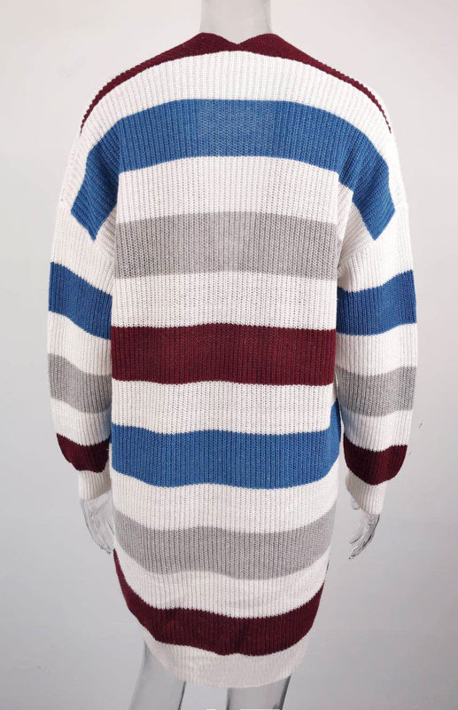 Ladies Fashion Striped Contrast Knit Cardigan BLUE ZONE PLANET