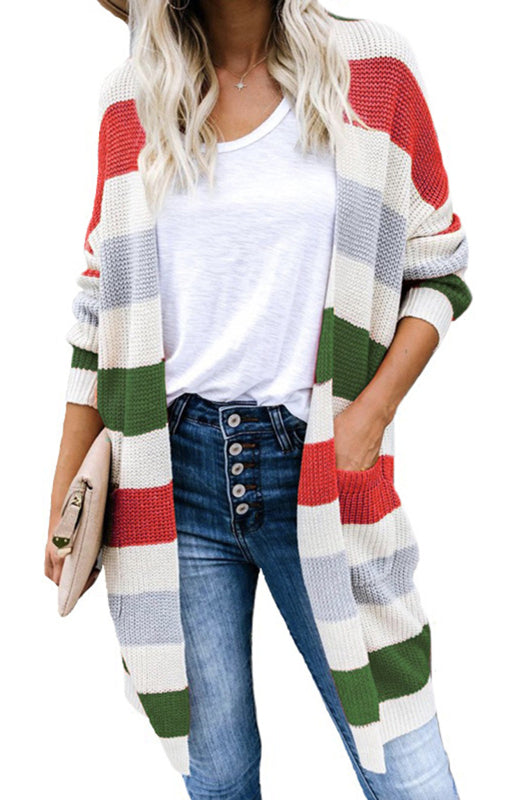 Ladies Fashion Striped Contrast Knit Cardigan BLUE ZONE PLANET