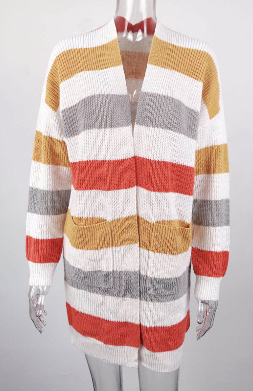 Ladies Fashion Striped Contrast Knit Cardigan BLUE ZONE PLANET