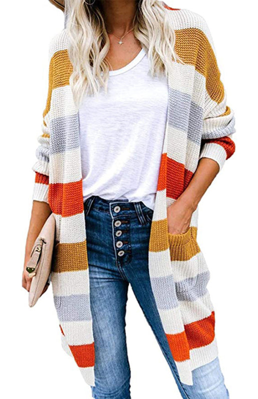 Ladies Fashion Striped Contrast Knit Cardigan BLUE ZONE PLANET