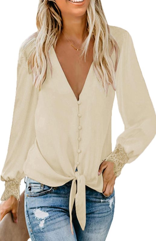 Blue Zone Planet | Lilly's V-Neck Lace Patchwork Solid Color Tie Loose Long Sleeve Chiffon Shirt-TOPS / DRESSES-[Adult]-[Female]-Pink-S-2022 Online Blue Zone Planet