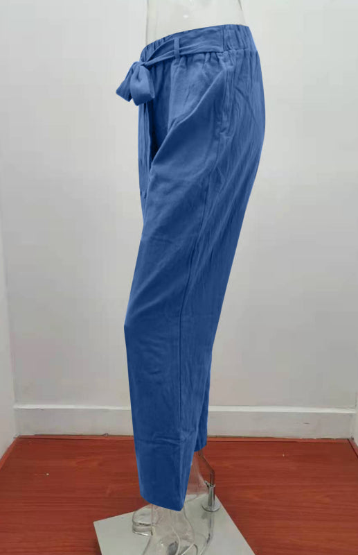 Women's European And American Elastic Waist Solid Color Belt Loose Trousers-[Adult]-[Female]-2022 Online Blue Zone Planet