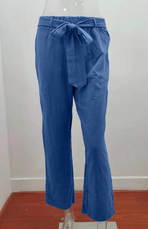 Women's European And American Elastic Waist Solid Color Belt Loose Trousers-[Adult]-[Female]-2022 Online Blue Zone Planet
