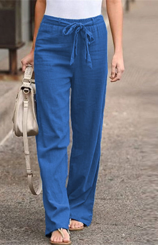 Women's European And American Elastic Waist Solid Color Belt Loose Trousers-[Adult]-[Female]-Blue-S-2022 Online Blue Zone Planet
