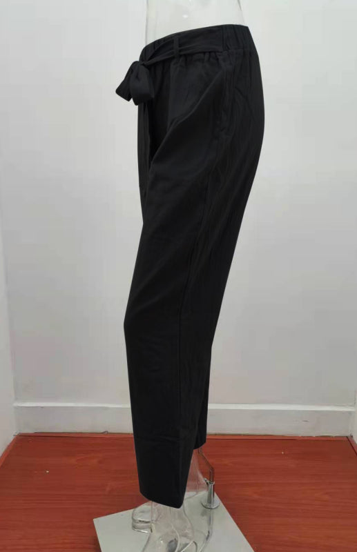 Women's European And American Elastic Waist Solid Color Belt Loose Trousers-[Adult]-[Female]-2022 Online Blue Zone Planet