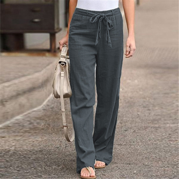 Women's European And American Elastic Waist Solid Color Belt Loose Trousers-[Adult]-[Female]-Charcoal grey-S-2022 Online Blue Zone Planet