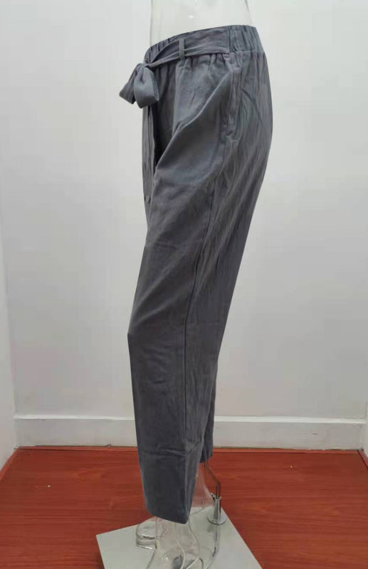 Women's European And American Elastic Waist Solid Color Belt Loose Trousers-[Adult]-[Female]-2022 Online Blue Zone Planet
