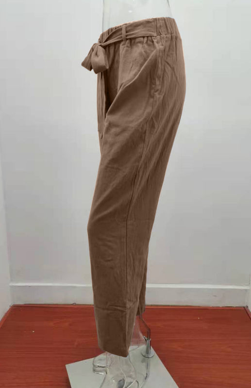 Women's European And American Elastic Waist Solid Color Belt Loose Trousers-[Adult]-[Female]-2022 Online Blue Zone Planet