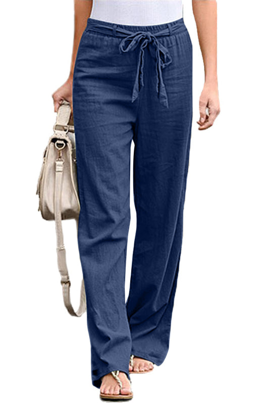 Women's European And American Elastic Waist Solid Color Belt Loose Trousers-[Adult]-[Female]-Champlain color-S-2022 Online Blue Zone Planet