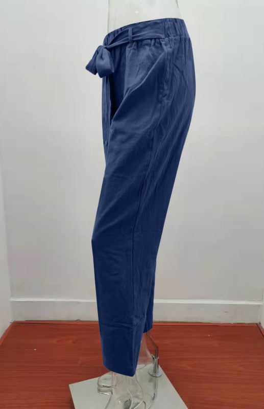 Women's European And American Elastic Waist Solid Color Belt Loose Trousers-[Adult]-[Female]-2022 Online Blue Zone Planet