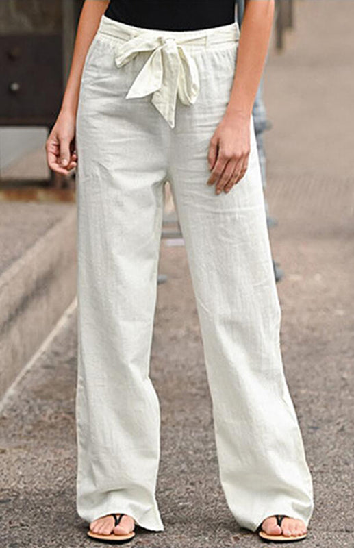 Women's European And American Elastic Waist Solid Color Belt Loose Trousers-[Adult]-[Female]-Raw white off white-S-2022 Online Blue Zone Planet