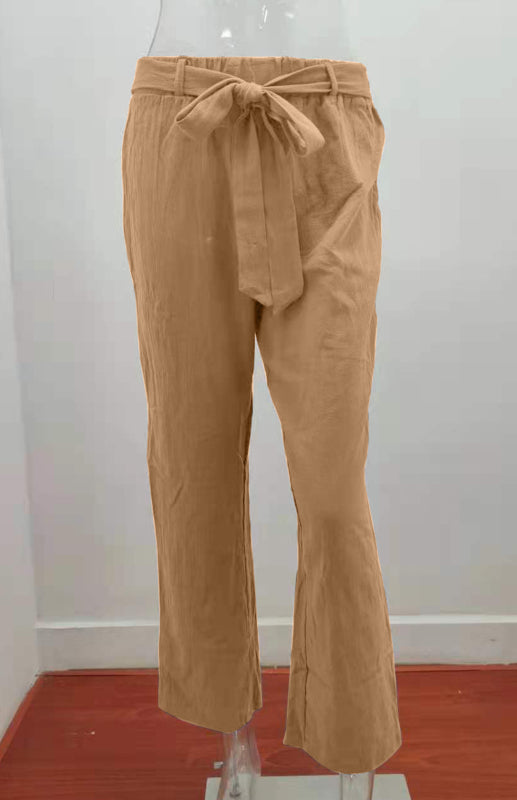Women's European And American Elastic Waist Solid Color Belt Loose Trousers-[Adult]-[Female]-2022 Online Blue Zone Planet