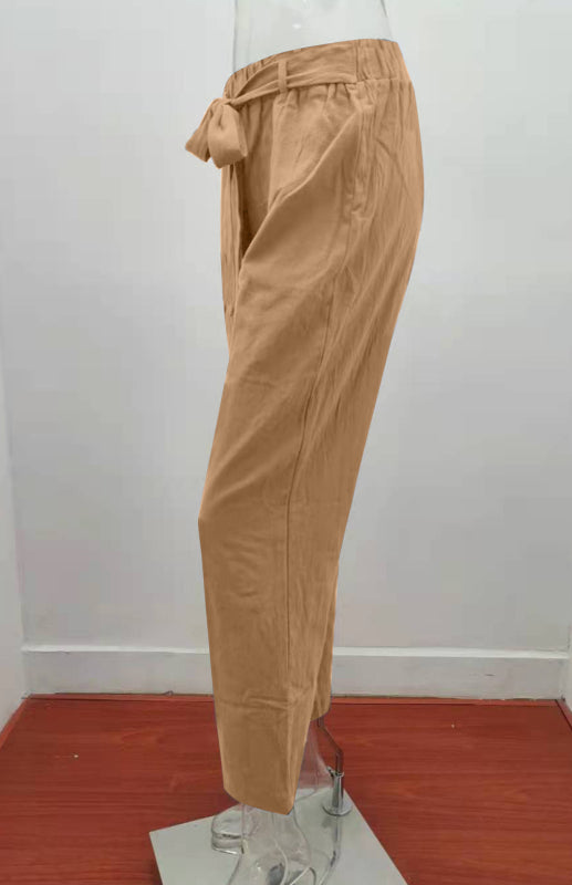 Women's European And American Elastic Waist Solid Color Belt Loose Trousers-[Adult]-[Female]-2022 Online Blue Zone Planet