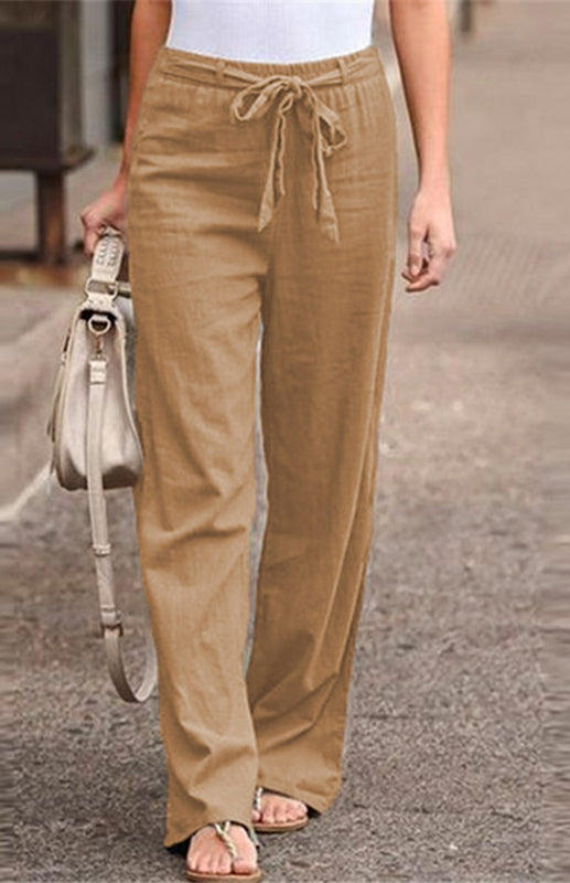 Women's European And American Elastic Waist Solid Color Belt Loose Trousers-[Adult]-[Female]-Yellow camel-S-2022 Online Blue Zone Planet