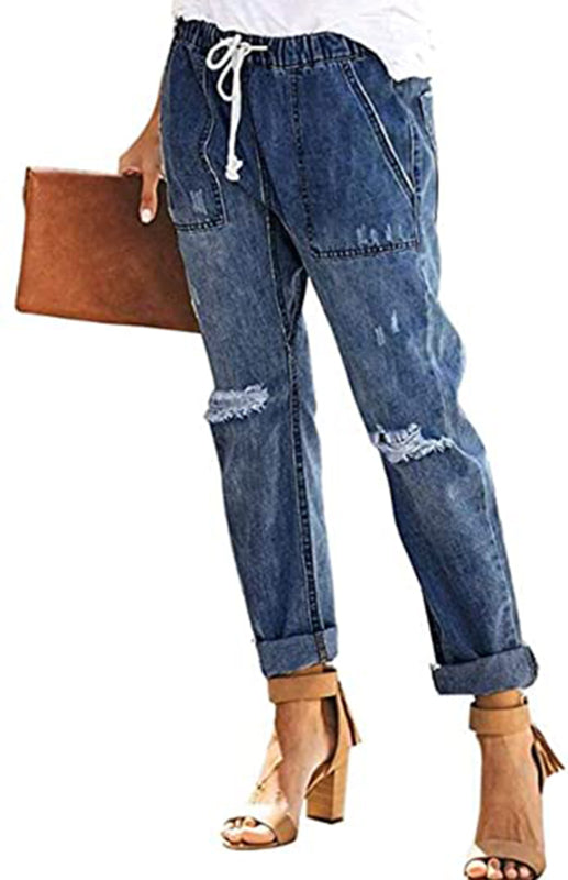 Ladies Fashion Elastic Waist Drawstring Jeans-[Adult]-[Female]-2022 Online Blue Zone Planet