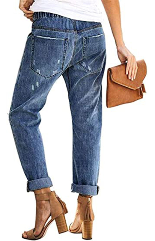 Ladies Fashion Elastic Waist Drawstring Jeans-[Adult]-[Female]-2022 Online Blue Zone Planet