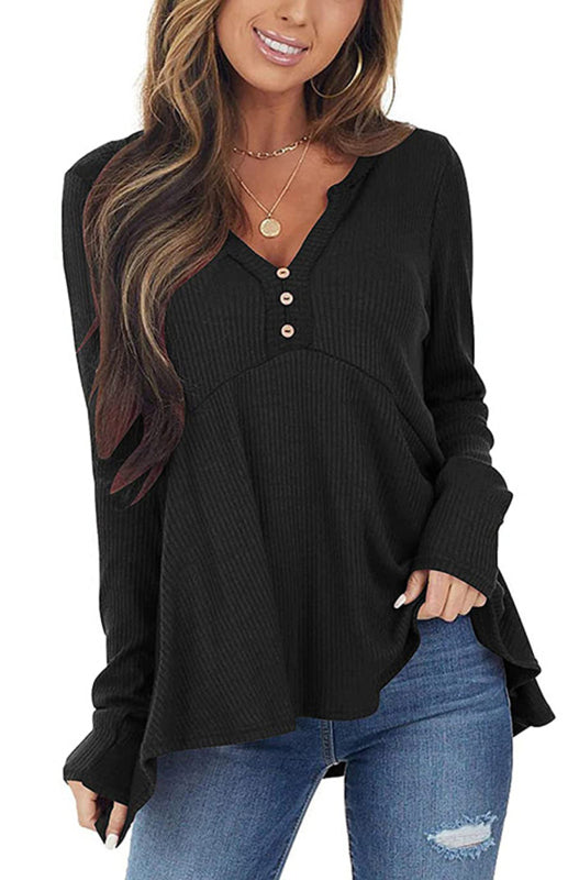 V-Neck Long-Sleeved Loose Bottoming Shirt-TOPS / DRESSES-[Adult]-[Female]-Black-S-2022 Online Blue Zone Planet