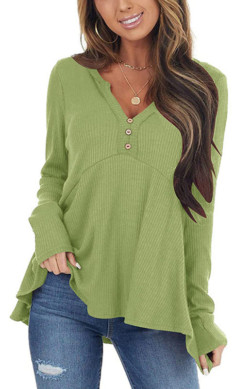 V-Neck Long-Sleeved Loose Bottoming Shirt-TOPS / DRESSES-[Adult]-[Female]-Green-S-2022 Online Blue Zone Planet