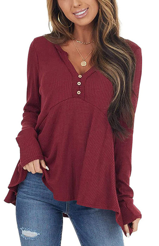 V-Neck Long-Sleeved Loose Bottoming Shirt-TOPS / DRESSES-[Adult]-[Female]-2022 Online Blue Zone Planet