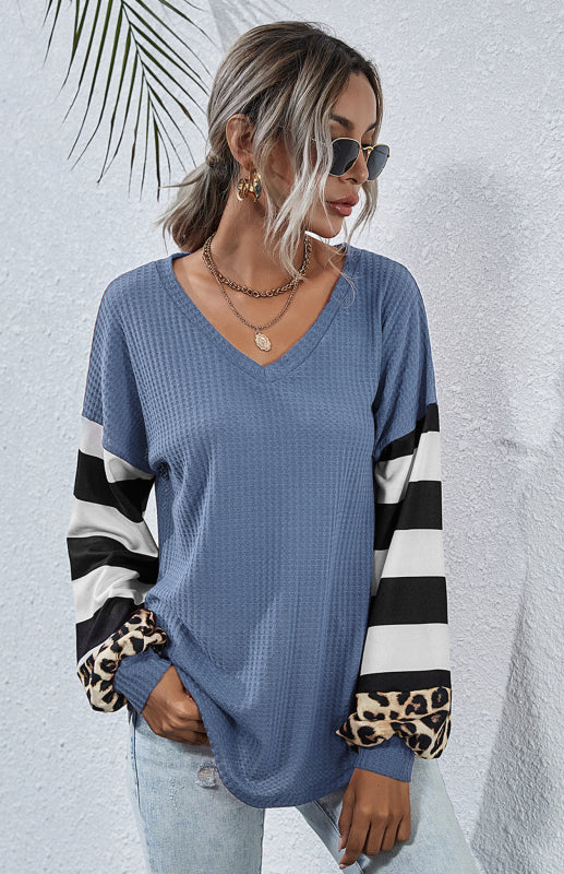 Women's Striped Stitching Long-Sleeved T-Shirt-[Adult]-[Female]-2022 Online Blue Zone Planet