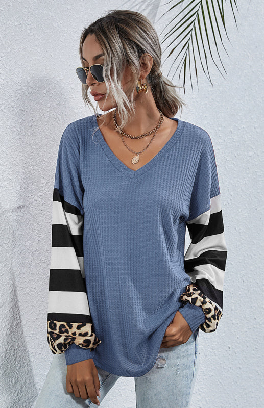 Women's Striped Stitching Long-Sleeved T-Shirt-[Adult]-[Female]-2022 Online Blue Zone Planet